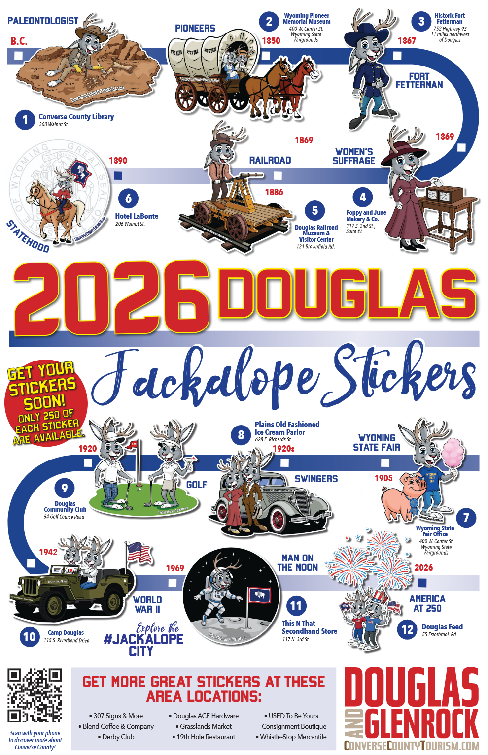 Jackalope collectible sticker map locations in Douglas and Glenrock, Wyoming
